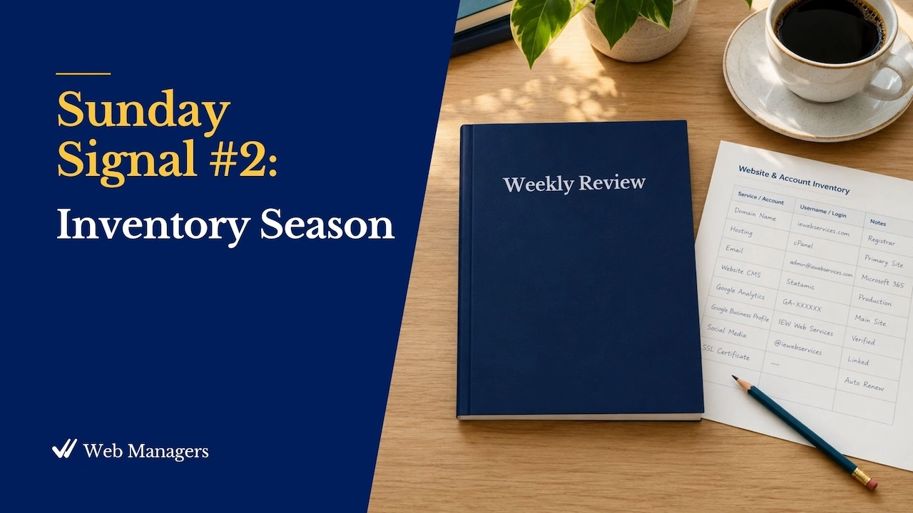 Sunday Signal #2, Inventory Season - A paperback book with a plain navy cover on a desk beside a filled-in register sheet and a cup of coffee in morning light.