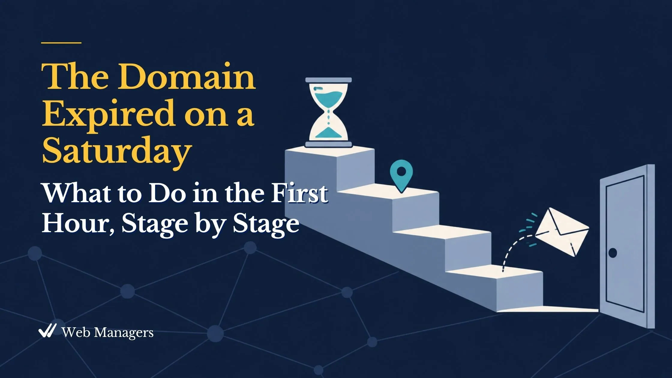 The Domain Expired Saturday. What to do in the first hour, stage by stage. A simple descending ramp with four marked stages, an hourglass at the top, and an envelope bouncing off a closed door, in navy and teal.