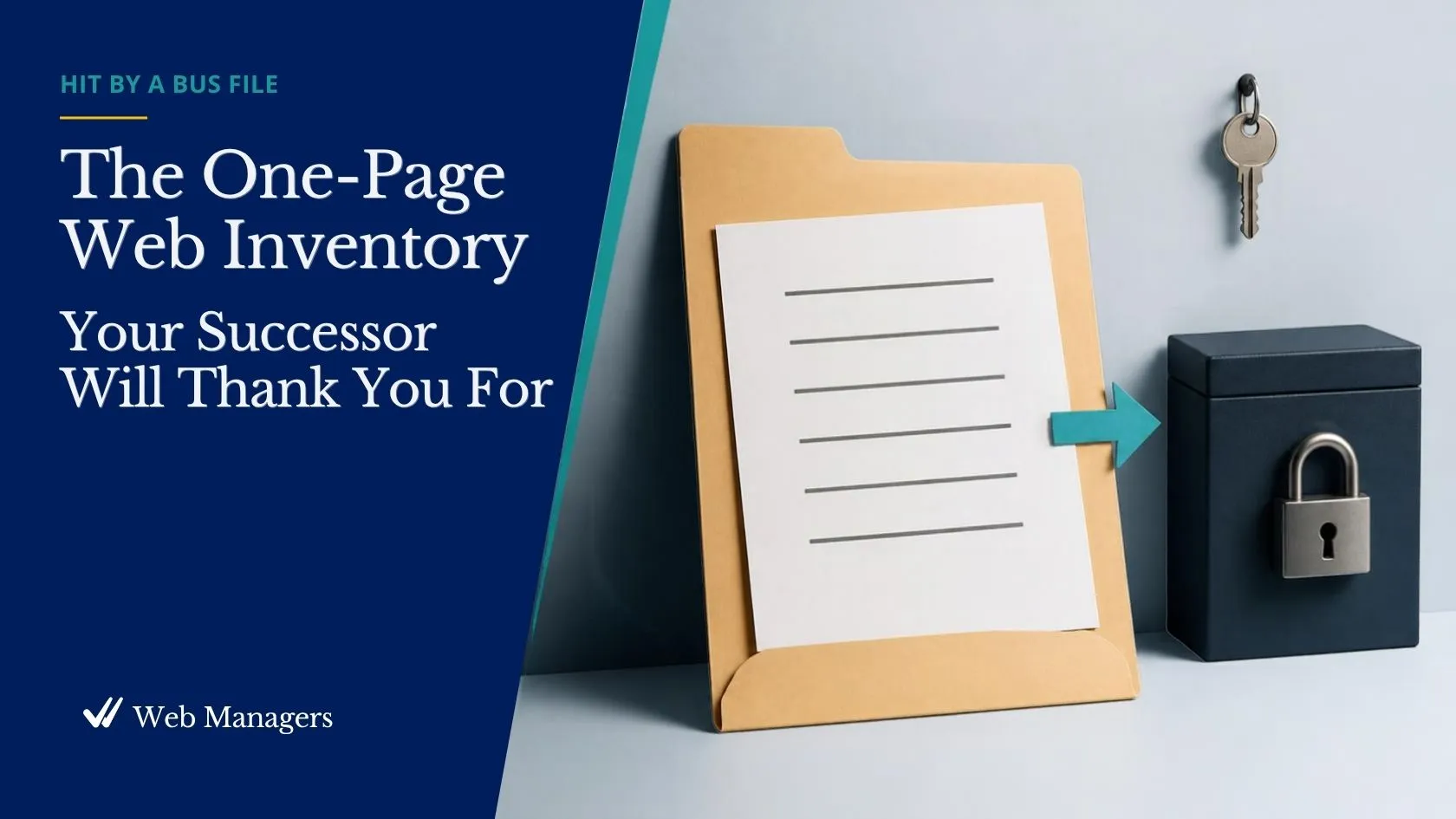A single sheet of paper in a labeled folder, with a key hanging separately on a hook beside it, in navy and teal. A single sheet of paper in a labeled folder, with a key hanging separately on a hook beside it, in navy and teal.