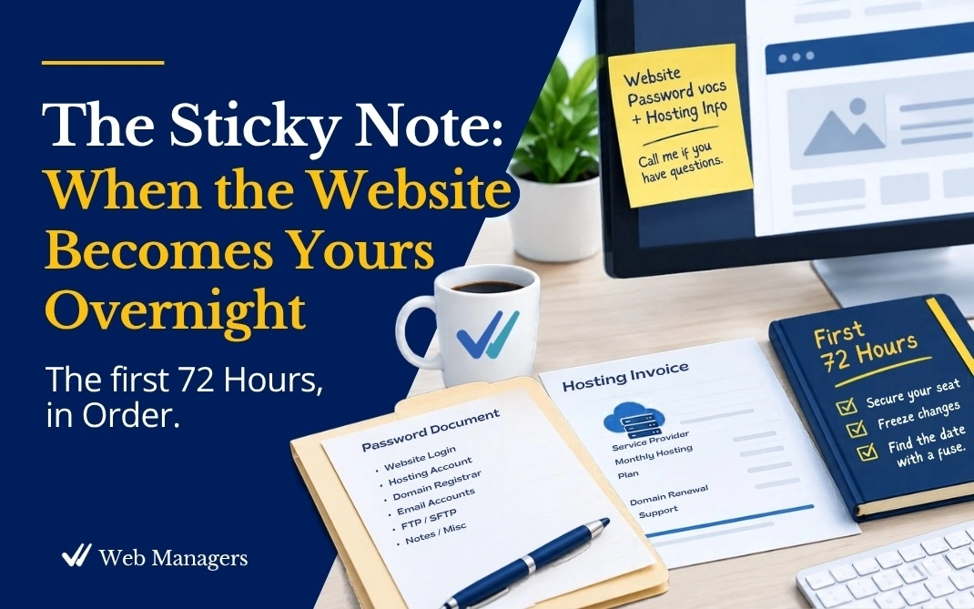 A desk with computer screen, sticky note from former employee, hosting invoice, password document, and first 72 hours checklist