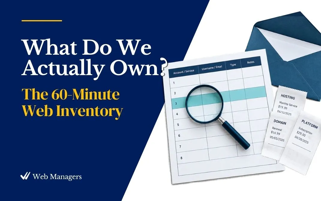 A Web Managers spreadsheet-style register with several rows, a magnifying glass over one row, and a few loose receipts, in navy and teal. A Web Managers spreadsheet-style register with several rows, a magnifying glass over one row, and a few loose receipts, in navy and teal.
